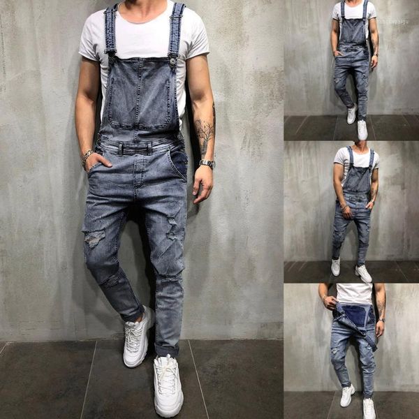

men's jeans 2021 overall casual jumpsuit washed hole pants hanging slim 3.22, Blue