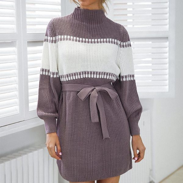 

casual dresses mini party dress loose lace pullover 2021 fall/winter sweater women's high neck long sleeve knit, Black;gray