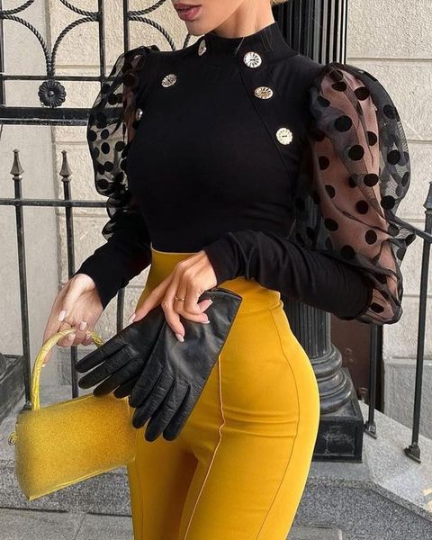 

women's blouses & shirts mkd lufi chic dot mesh puff sleeve button decor women casual, White