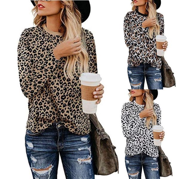 

cotton blend autumn fashion casual womens t shirt leopard print round neck long sleeve for clothes, White