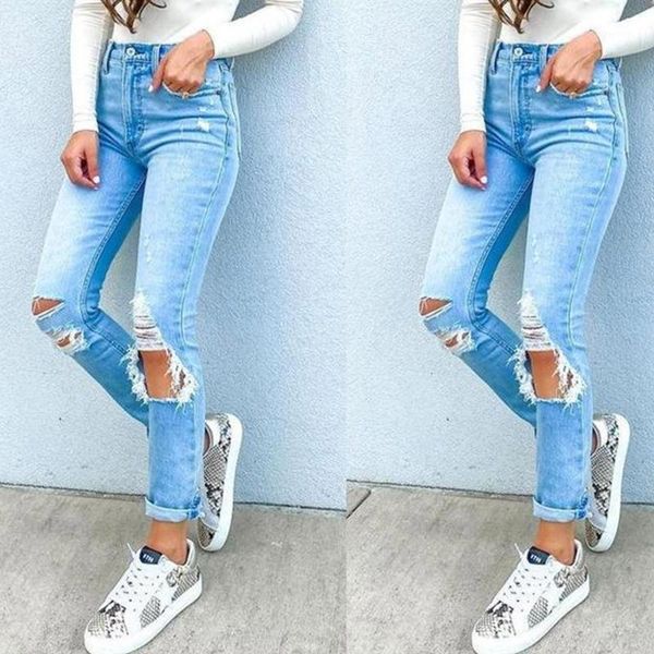 

high waist skinny ripped jeans women 2021 fashion trousers washed denim jean hollow hole bleached pencil pants harajuku women's, Blue