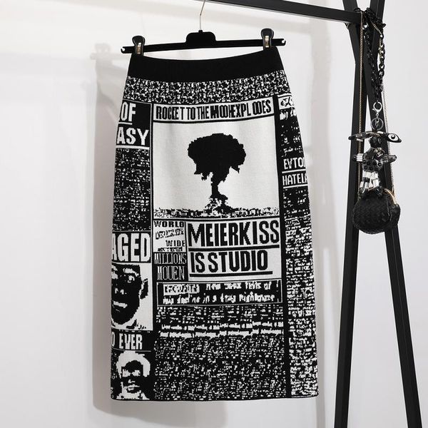 

skirts 2021 direct selling time-limited acrylic casual saia longa lolita faldas woman skirt pattern knit high waist and bag hip female, Black