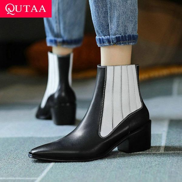 

boots qutaa 2022 ankle autumn winter keep warm pointed t women shoes genuine le square heel slip on short size 34-39, Black