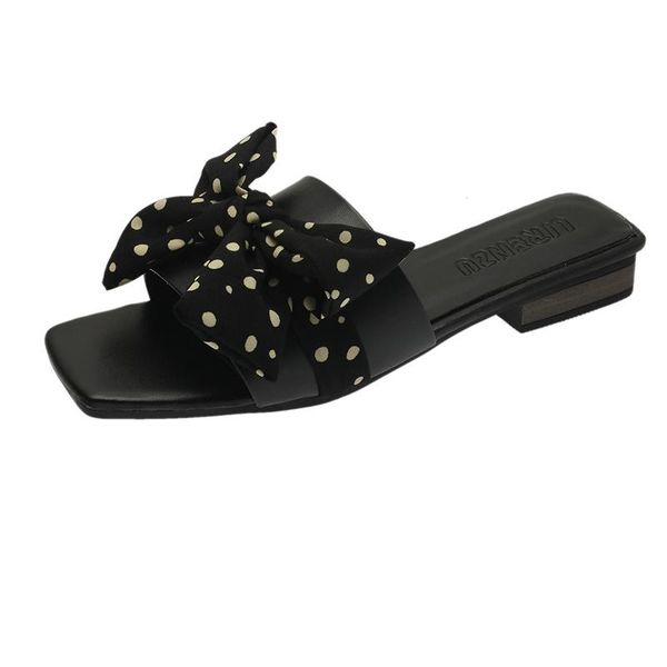 

women's slippers fashion all-match vamp polka dot bow decoration sweet and cute casual, Black