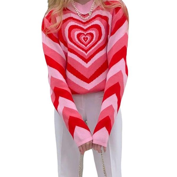 

women's t-shirt women love heart print sweater long sleeve o-neck knitted pullover for autumn winter, White