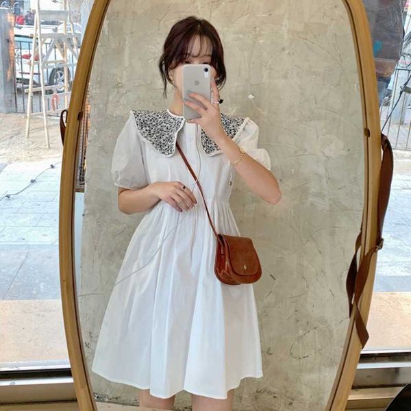 

loose puff short sleeve peter pan collar white shirts dress women summer sweet japan style fashion vestido feminino preppy chic 210610, Black;gray