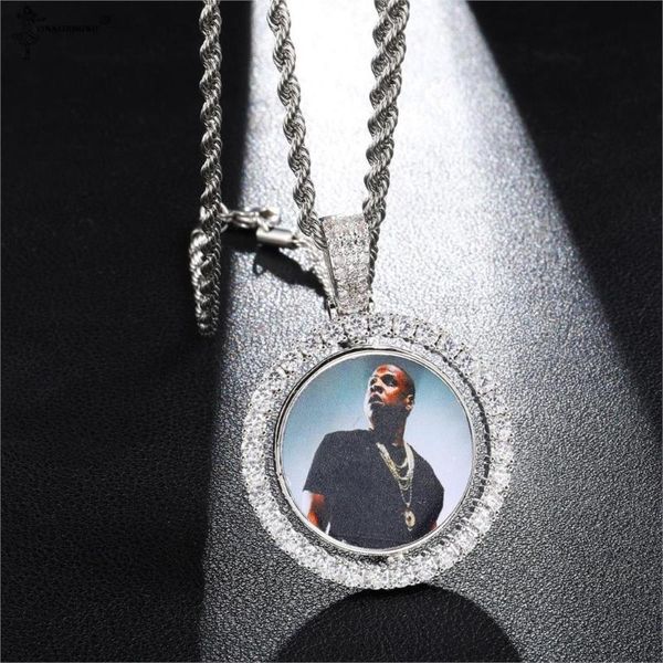 

pendant necklaces hip hop custom made rope chain po round rotating double-sided iced out bling cubic zircon necklace&pendant for men jewelry, Silver