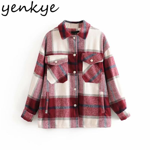

autumn women vintage oversize plaid jacket outerwear fashion long sleeve lapel collar packets casual loose coats 210514, Black;brown