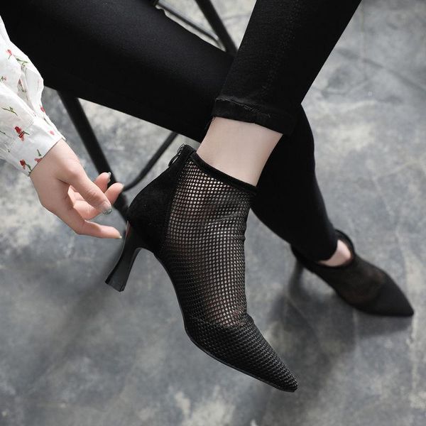 

spring autumn mesh ankle boots women pointed toe stiletto heels fashion zip ladies party shoes size 34-40, Black