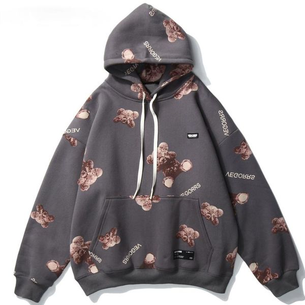 

men's hoodies & sweatshirts 2021 bear graphic print fleece hooded pullover streetwear harajuku hip hop casual hoodie mens, Black