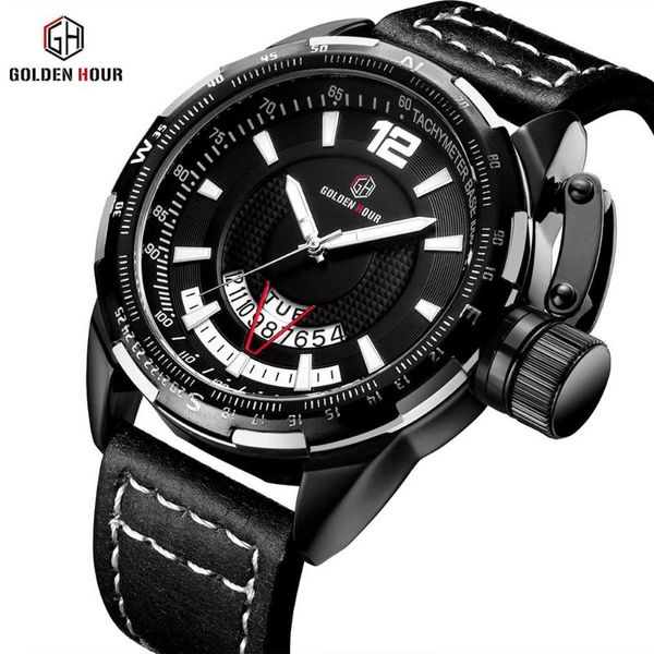 

wristwatches goldenhour relogio masculino quartz week fashion watch for men clock date casual waterproof genuine leather men's wrist wa, Slivery;brown