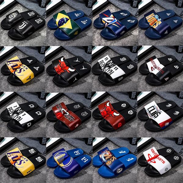 

basketball football star logo sports slippers brand designer mens color printing leisure rubber sandals beach slide non-slip flip flops indo, Black