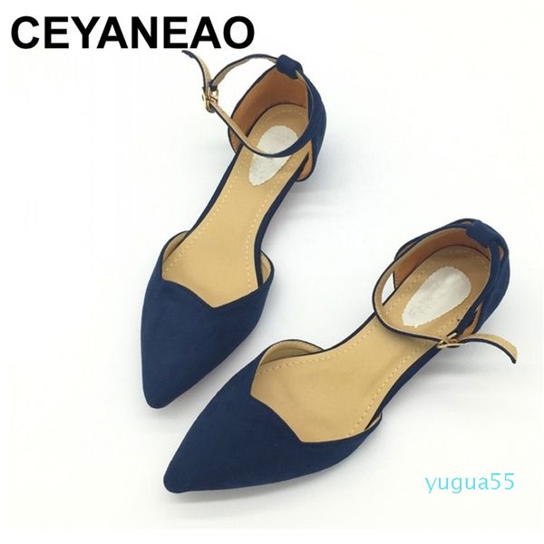 

women buckle strap low heels pumps pointed toe flock d'orsay shoes for woman ladies single blue, Black