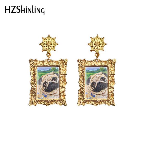

dangle & chandelier pug dogs pet animal paintings retro style drop earrings pattern glass cabochon handmade craft jewelry, Silver