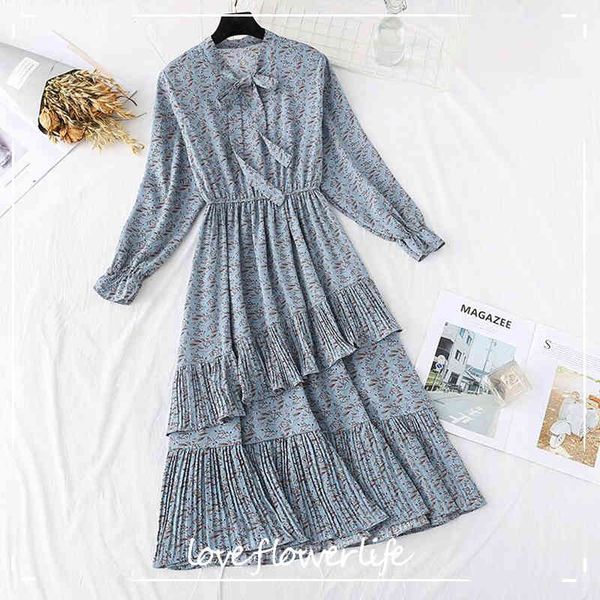 

chiffon dress women spring french vintage ruffles long dress floral print casual long sleeve pleated dress vestidos 210521, Black;gray