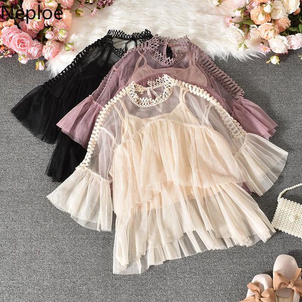 

women's blouses & shirts neploe 2021 summer sweet doll shirt 3/4 flare sleeve o-neck causal blouse ruffle patchwork blusas + basic slin, White