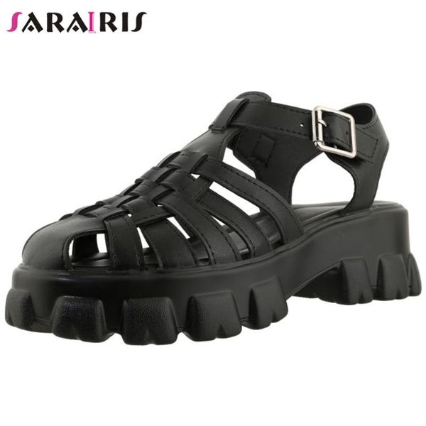 

sarairis solid buckle round toe platform sandals women chunky heel casual fashion ladies shoes dress, Black