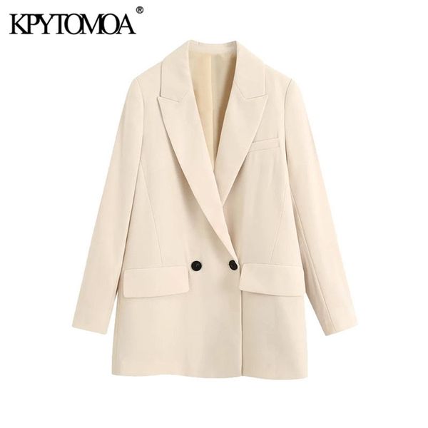 

women fashion double-breasted loose fitting blazer coat vintage long sleeve pockets female outerwear chic veste 210420, White;black