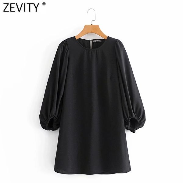 

zevity spring women lantern sleeve casual straight black mini dress female simply o neck chic pleat business vestido ds4951 210419, Black;gray