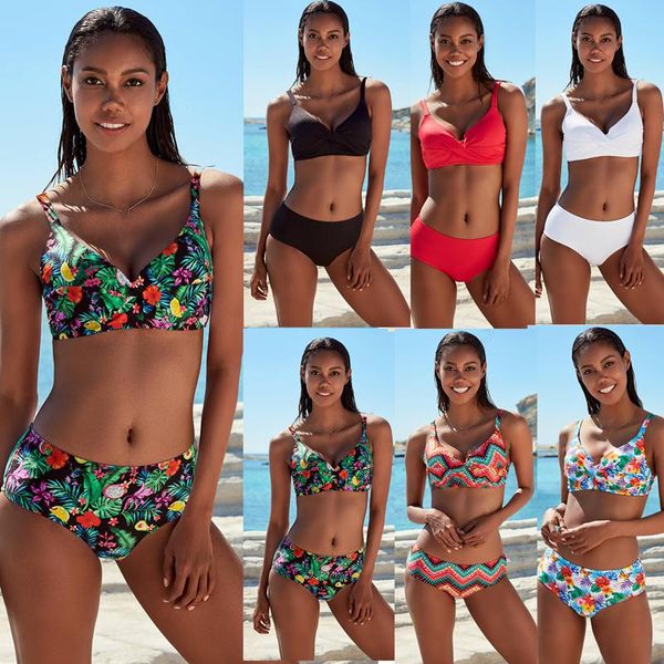 

bikinis set rxrxcoco floral print swimwear female high waist swimming suit for women solid color split 2021 maillot de bain femme