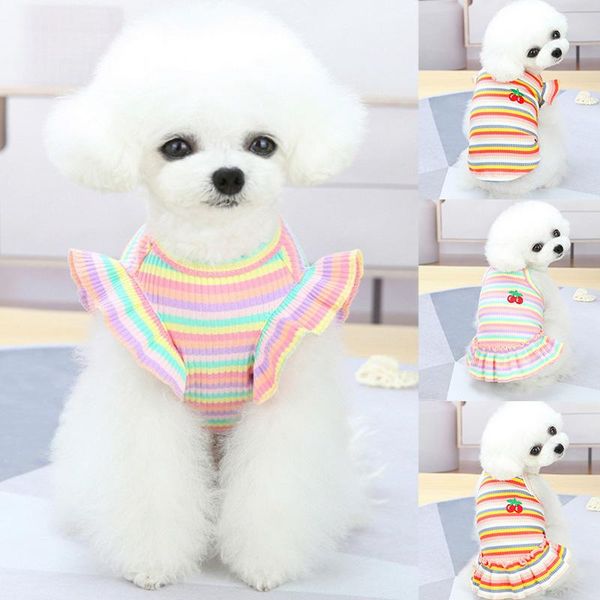 

colorful cherry strips princess dress flying sleeve cat shirt sleeveless knitted skirt for female kitten puppy clothing summer dog apparel