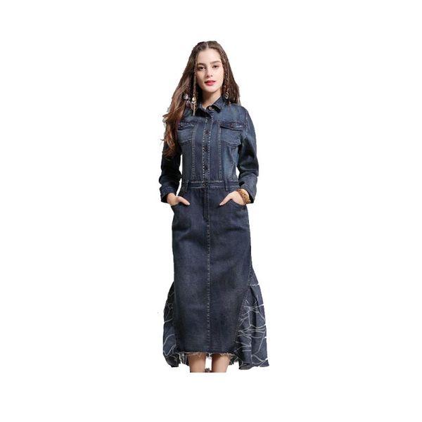 

casual dresses women autumn turn-down collar long sleeves single breasted spilcing fish tail denim dress for female vintage vestidos fs1136, Black;gray