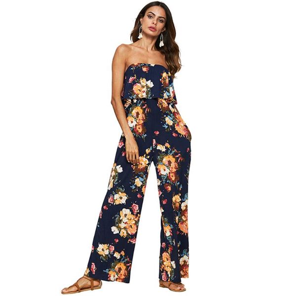 

women's jumpsuits & rompers fadzeco women floral jumpsuit clubwear casual backless bandeau wide leg high waist long pants, Black;white