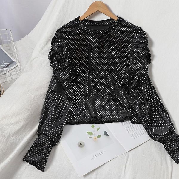 

women's blouses & shirts women sweet temperament shine sequins blouse o-neck autumn clothes all-match korean style puff long sleeves f, White