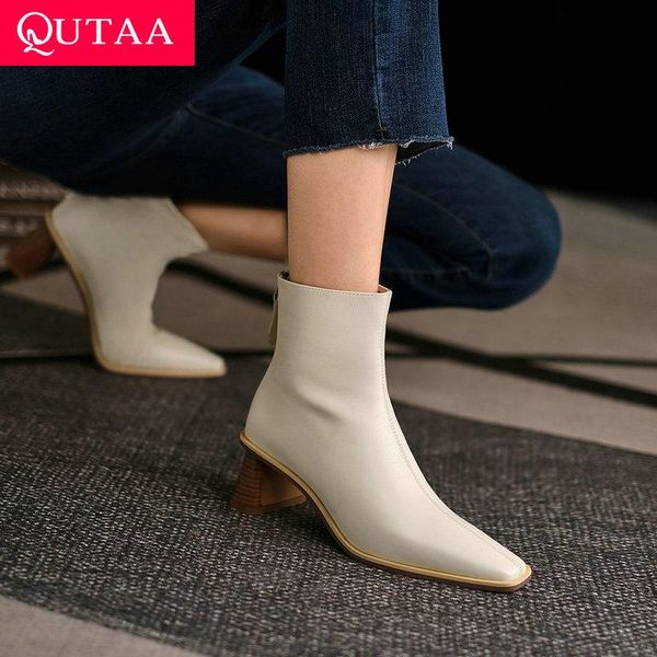 

boots qutaa 2022 genuine leather ankle pointed toe zipper women shoes autumn winter square heel all match short size 34-39, Black