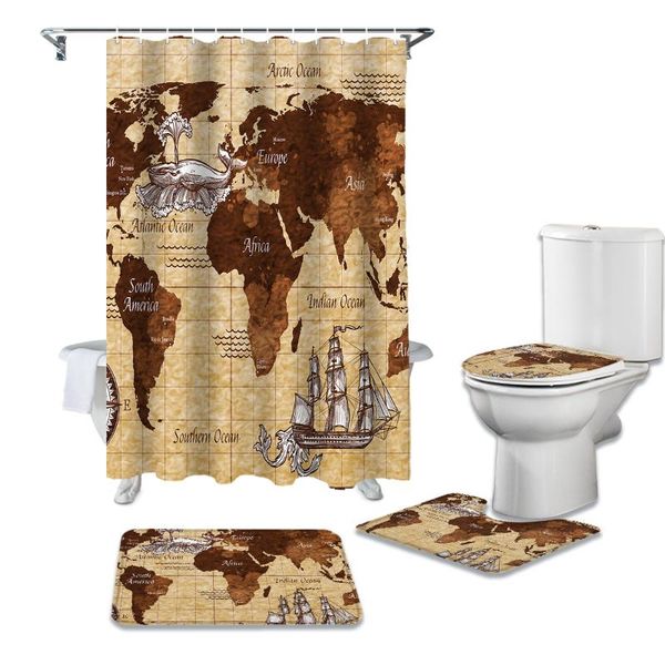 

vintage nautical map shower curtain set for bathroom bath mat rug carpet toilet lid cover bathtub home decor gift curtains