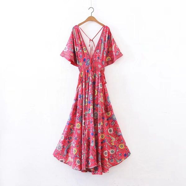 

red boho women e half sleeve deep v neck flower print backless beach irregular holiday party es, Black;gray