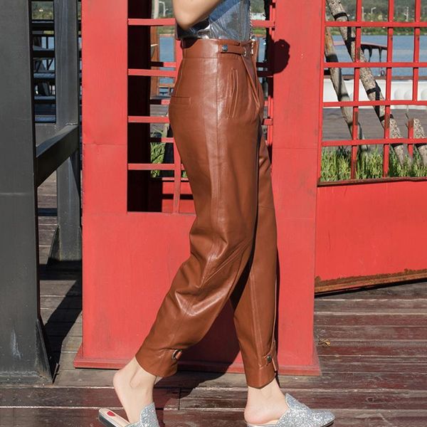 

women's pants & capris 2021 brown green real pencil women harajuku streetwear sheep leather trousers ladies large size s-4xl, Black;white