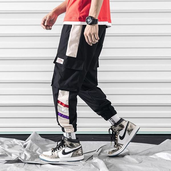 

men's pants 2021 pockets cargo men color patchwork casual jogger fashion tactical trousers tide harajuku streetwear, Black