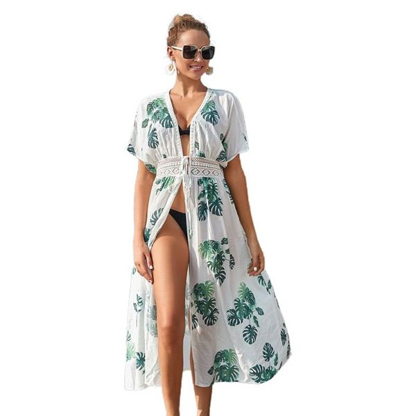 

women's swimwear women bikini swimsuit cover up bohemian green palm leaves print kimono cardigan open front tie waist beach long dress, White;black