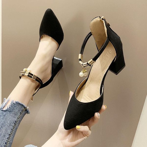 

dress shoes nice summer fashion thick heel ladies casual single sandals pointed toe all-match high heels, Black