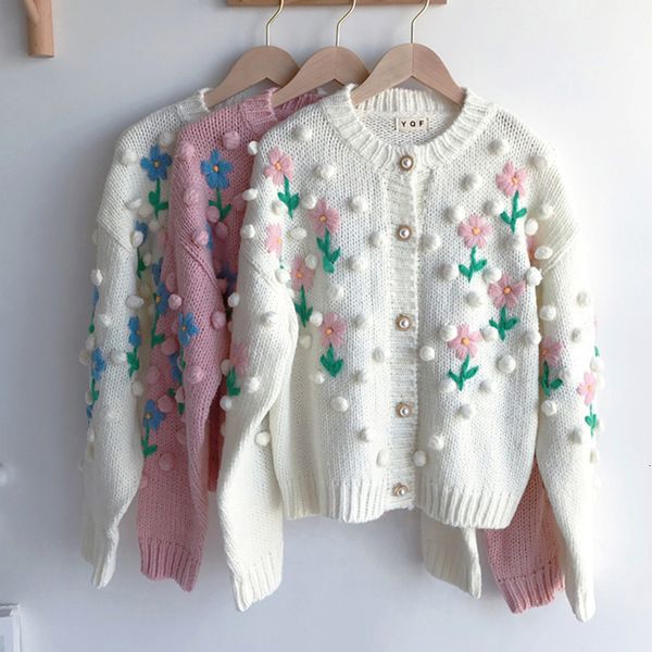 

flower spring autumn vintage knitting knitted cardigan coat embroidered wool ball sweater female pull femme z3xl, White;black
