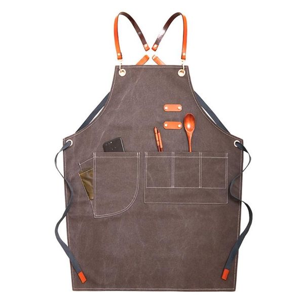 

chef apron cotton canvas cross back adjustable with pockets for women and men, kitchen cooking baking bib apron, 68ue aprons