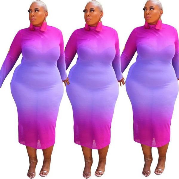 

casual dresses gradient color printing women plus size clubwear arrivals o-neck bodycon see-through mid-calf mesh dress 2021 autumn, Black;gray