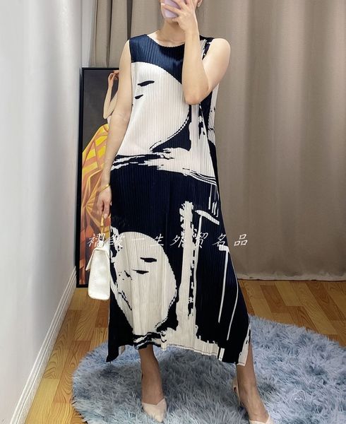 

dress miyake fold geometric print o-neck sleeveless a-line, Black;gray