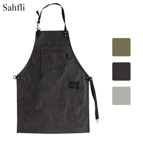 

aprons men and women tooling halter neck waist tie sleeveless apron solid color washed canvas with large pockets gardening accessories