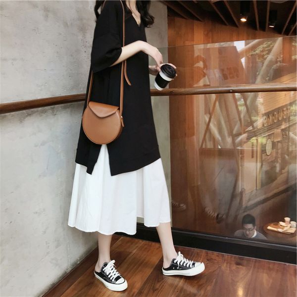 

sleeve 2021 summer plus dress medium length short 200kg fake two piece patchwork pompous skirt, Black;gray