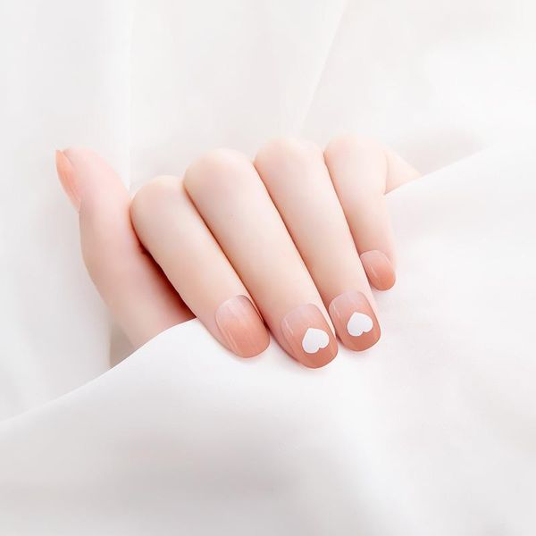 

false nails 24pcs love heart printed nail patch gradient color glue type removable short paragraph manicure to, Red;gold