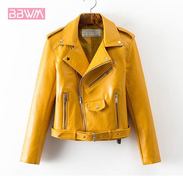 Кожаная куртка Дамы осень Корейский мода короткая секция талия искусственная кожа дикая женская куртка желтый розовый черный пальто 210507