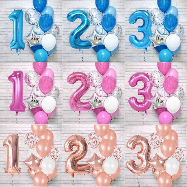 

party decoration 12pcs 1st birthday blue/pink/rose gold number foil latex balloons kids baby shower boy girl deco