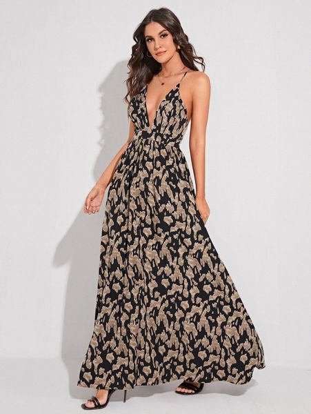 

allover print criss cross backless cami dress t0fn#, Black;gray