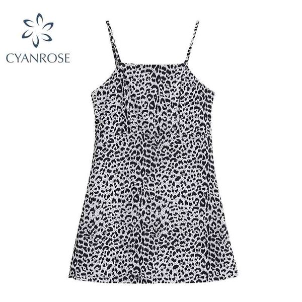 

summer spaghetti leopard strap mini dress women fashion sleeveless vintage casual a-line lady streetwear clothes 210515, Black;gray