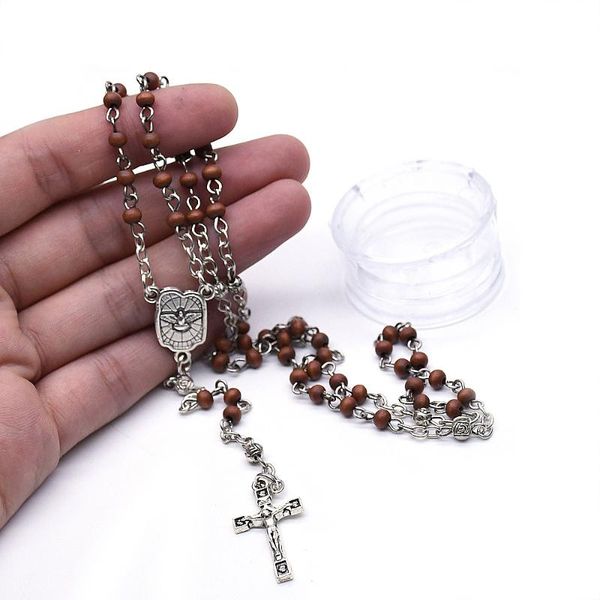 

pendant necklaces peace dove mini wooden beads brown rosary necklace christ cross religious gift, Silver