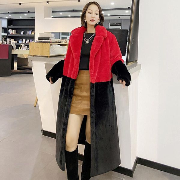 

women's fur & faux women winter cotton coat warm parkas jackets patchwork color loose thick oversized x-long outerwear, Black
