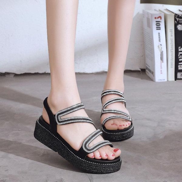 

summer thick-bottomed rhinestone snake-shaped sandals retro style wild korean flat-bottom roman shoes., Black