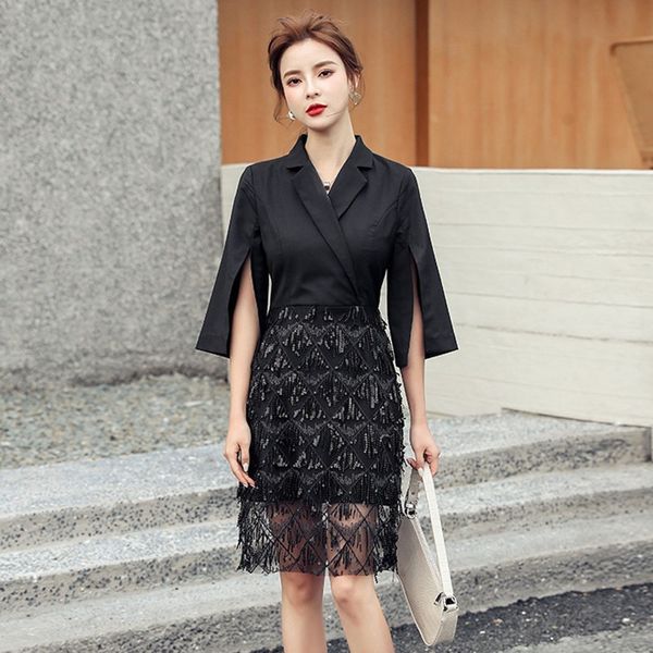 

casual dresses women fashion sequin embroidery tassels black mini dress summer notched collar half sleeve elegant party vestidos r6ap, Black;gray